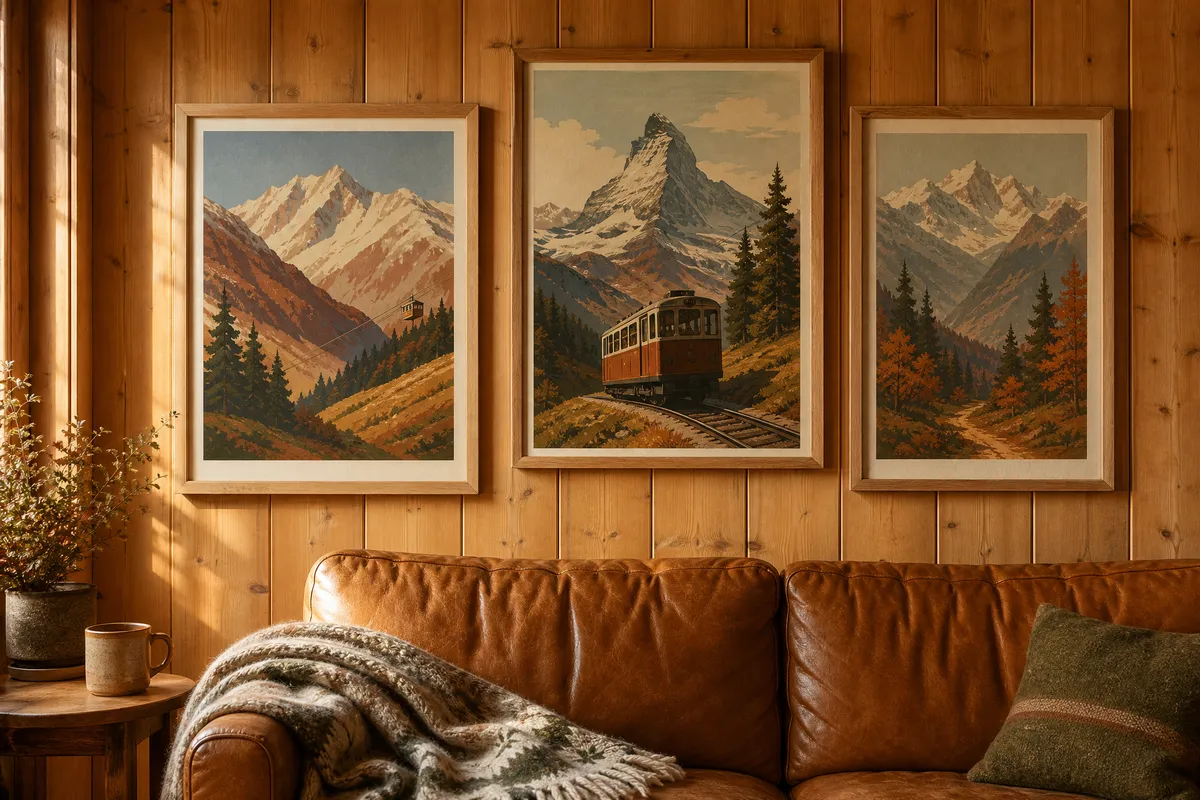 Three framed alpine mountain prints in natural oak frames hung on a honey-toned timber plank wall above a caramel leather sofa, with a knitted wool throw over the arm, a stoneware mug on a small round side table and warm afternoon light raking across the panelling