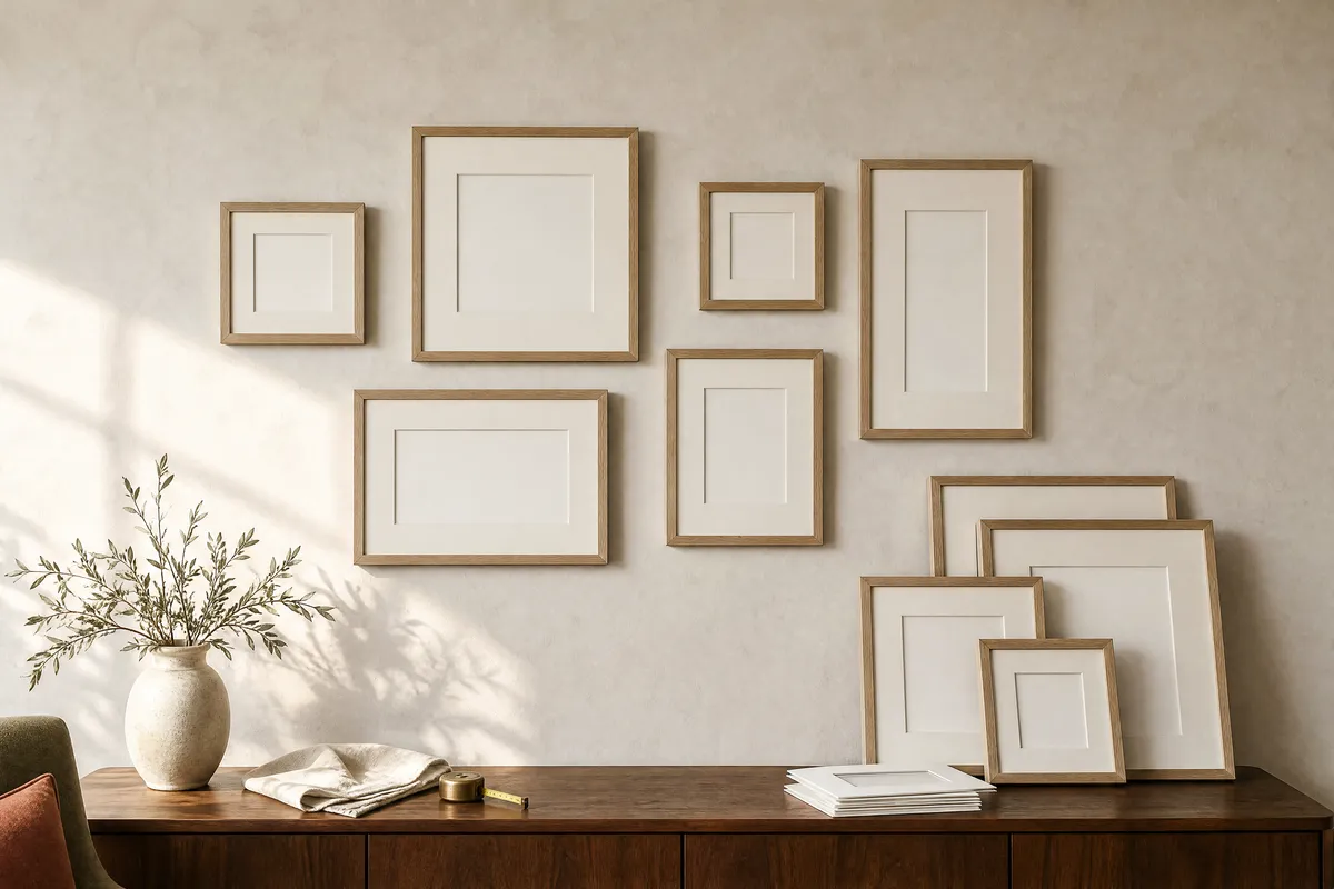 A gallery wall part-way through being hung: six empty pale oak frames with wide off-white mats on a cream limewash wall, four more leaning in a stack on a walnut sideboard below, alongside a stoneware vase of dried olive branches, a folded linen cloth, a brass measuring tape and a pile of spare white mats, in warm late-afternoon light