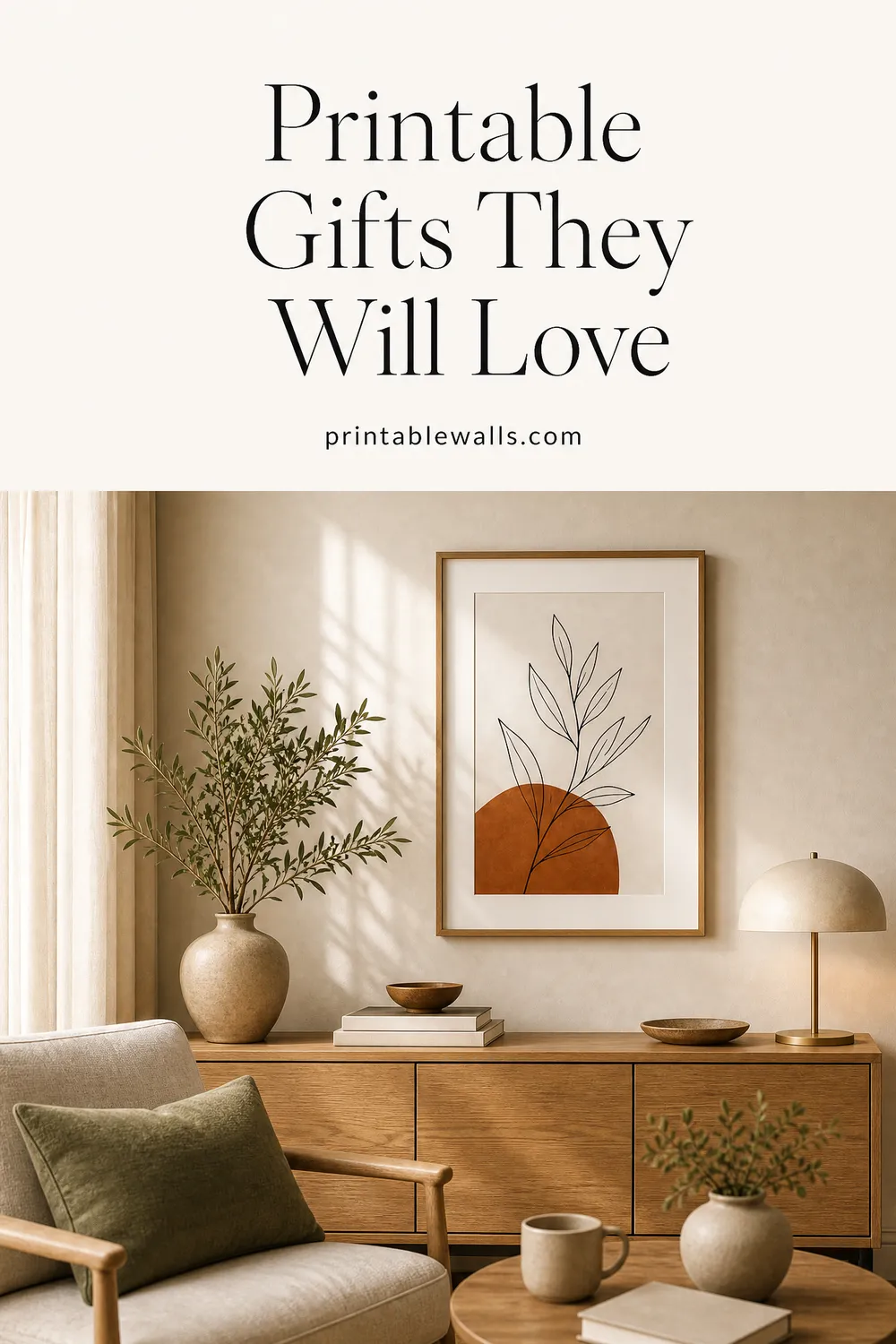 Pinterest pin 2 for this guide: AI-generated styled interior photo with the title text overlaid and the printablewalls.com wordmark