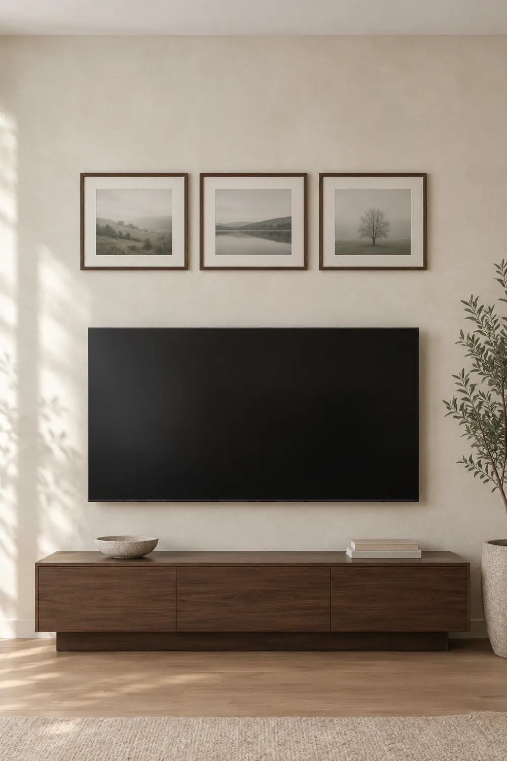 Framed preview of the guide "Above the TV, Beside It or Around It? What Each Choice Needs, in Centimetres" (AI-generated styled interior with title overlay)