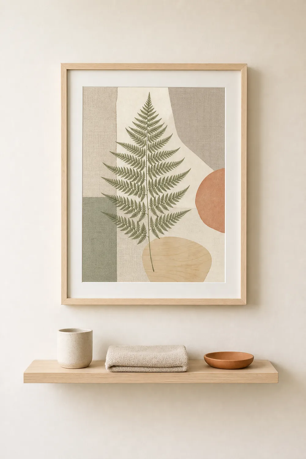 Framed preview of the guide "Bathroom Prints: What Survives the Humidity (and What Buckles)" (AI-generated styled interior with title overlay)
