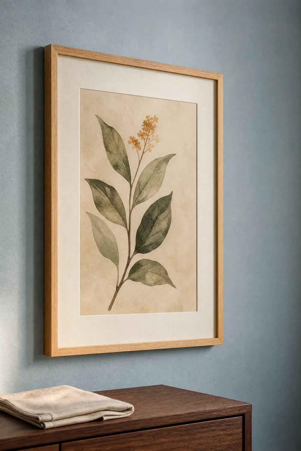 Framed preview of the guide "Brown and Blue Is This Fall's Palette. Here's What to Hang on the Wall." (AI-generated styled interior with title overlay)