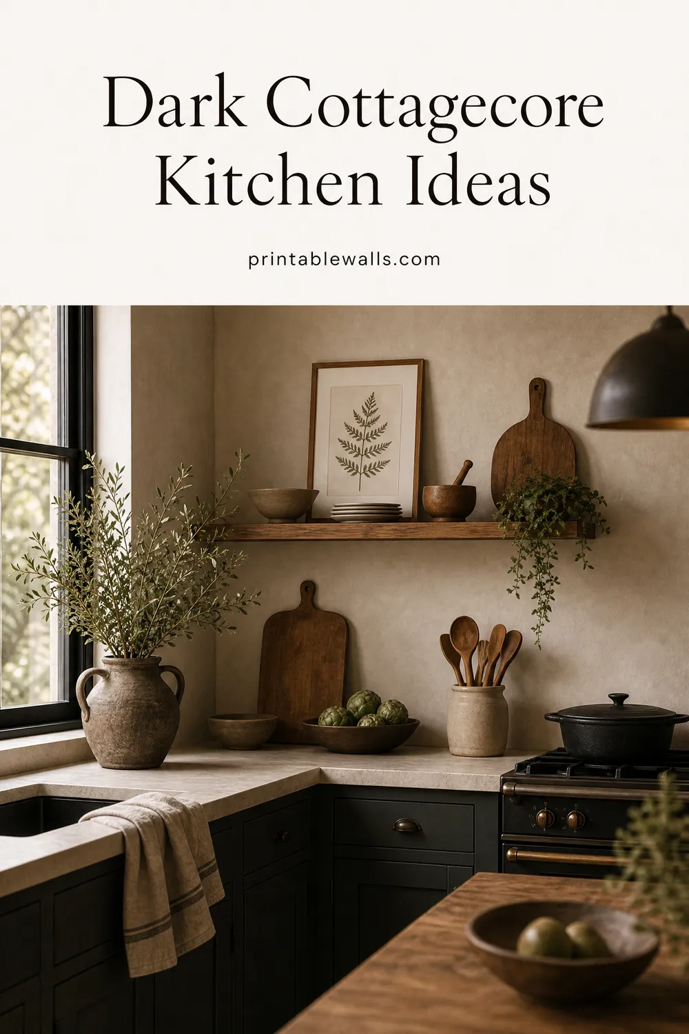 Preview image for the guide "The Dark Cottagecore Kitchen: What the Trend Is and How to Get the Look With Printables" (AI-generated styled interior with title overlay)