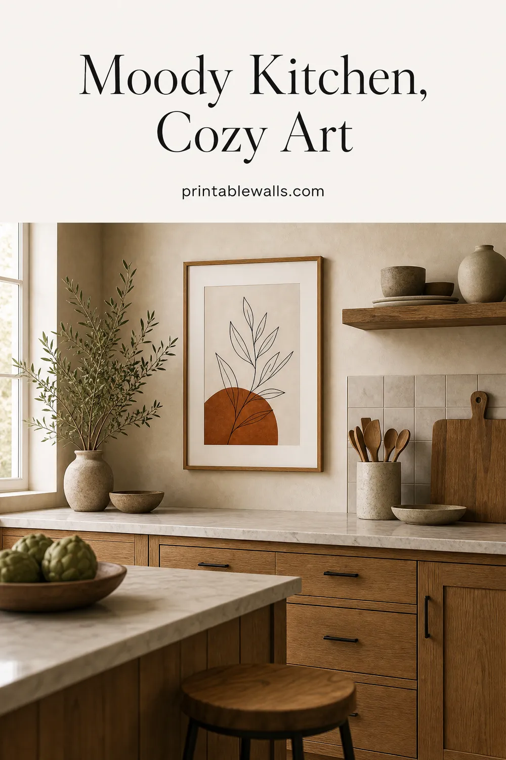 Pinterest pin 2 for this guide: AI-generated styled interior photo with the title text overlaid and the printablewalls.com wordmark