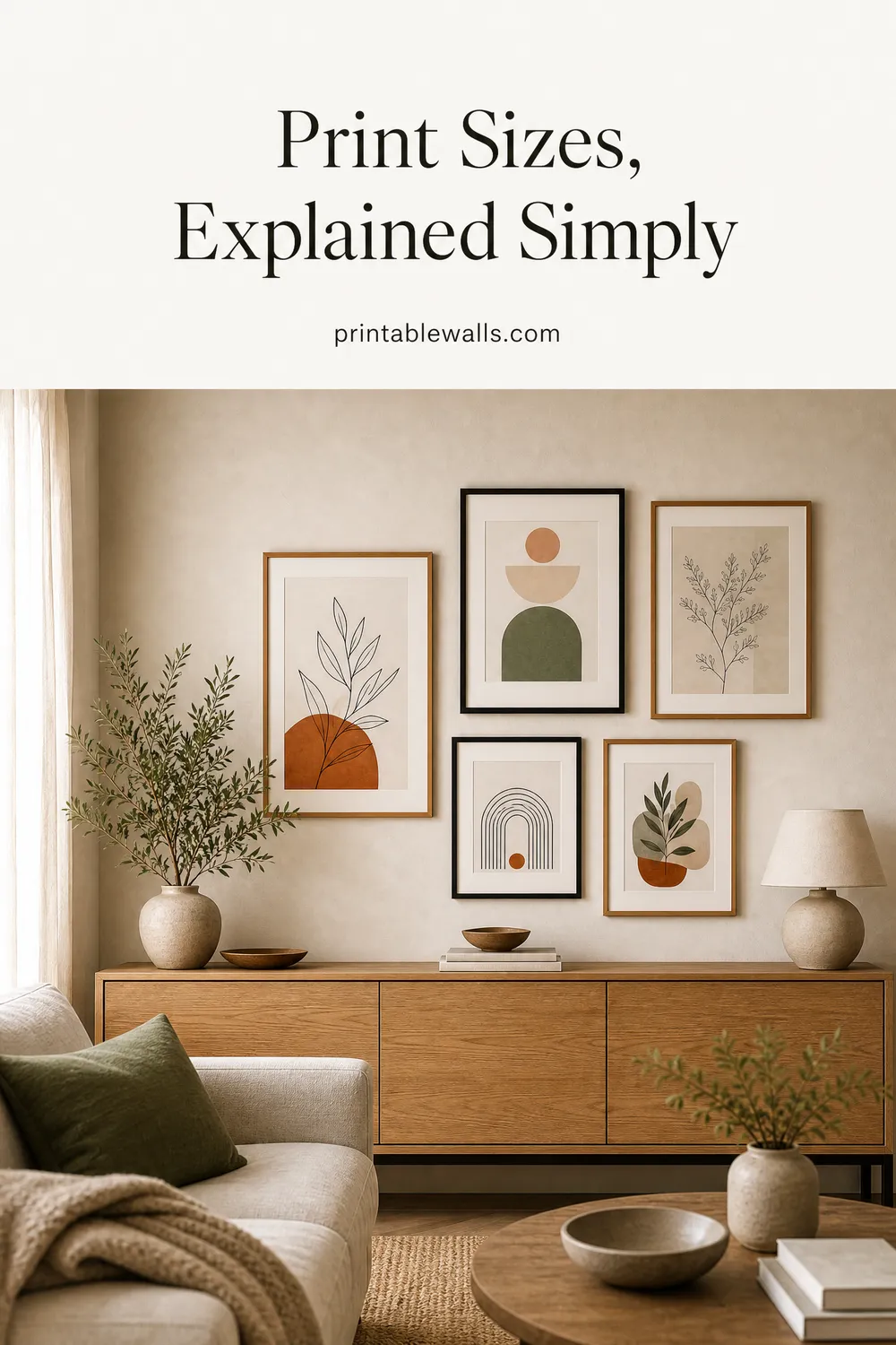 Pinterest pin 2 for this guide: AI-generated styled interior photo with the title text overlaid and the printablewalls.com wordmark