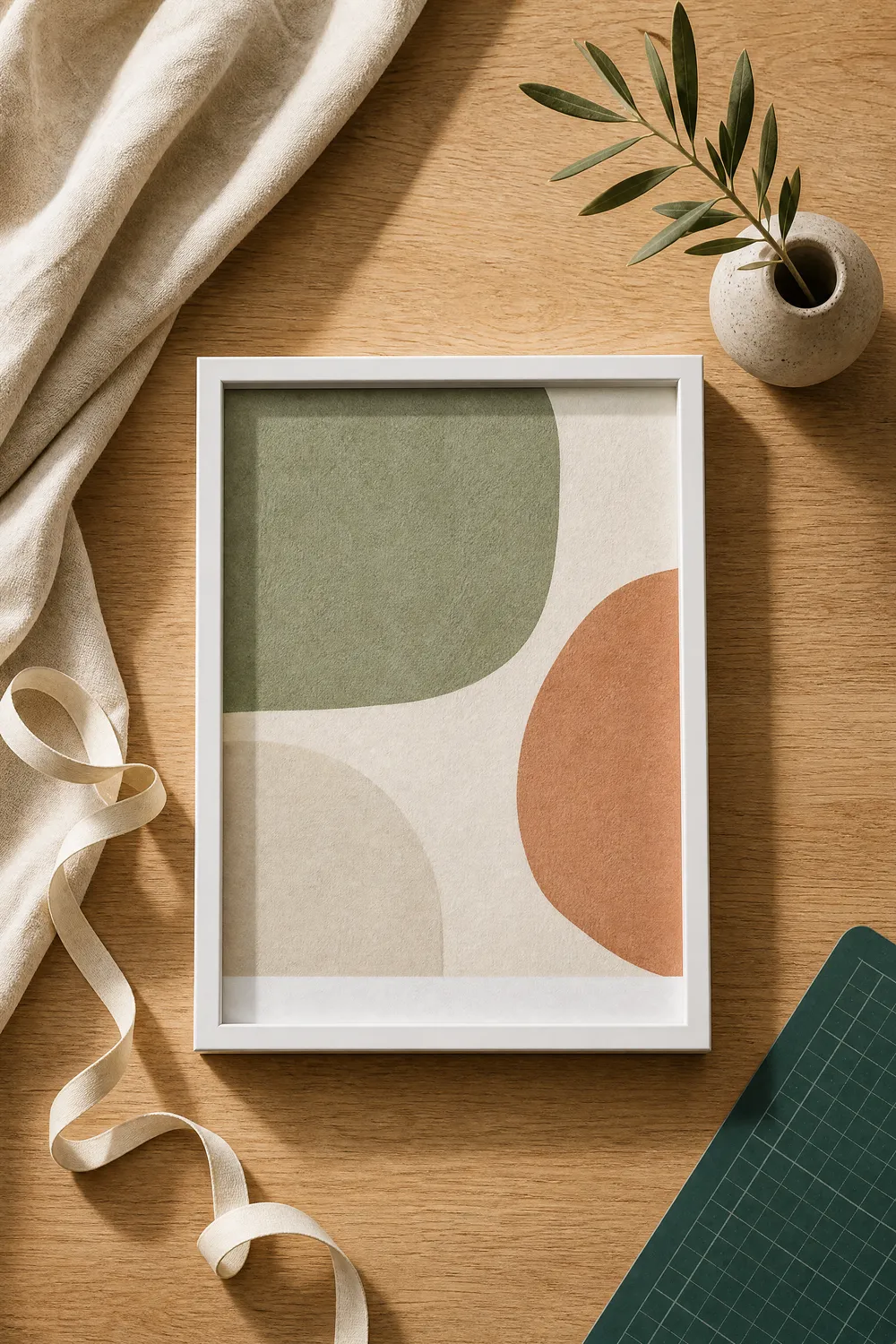 Framed preview of the guide "Printful Calls 21 × 30 cm 'A4'. True A4 Is 3 mm Shorter" (AI-generated styled interior with title overlay)
