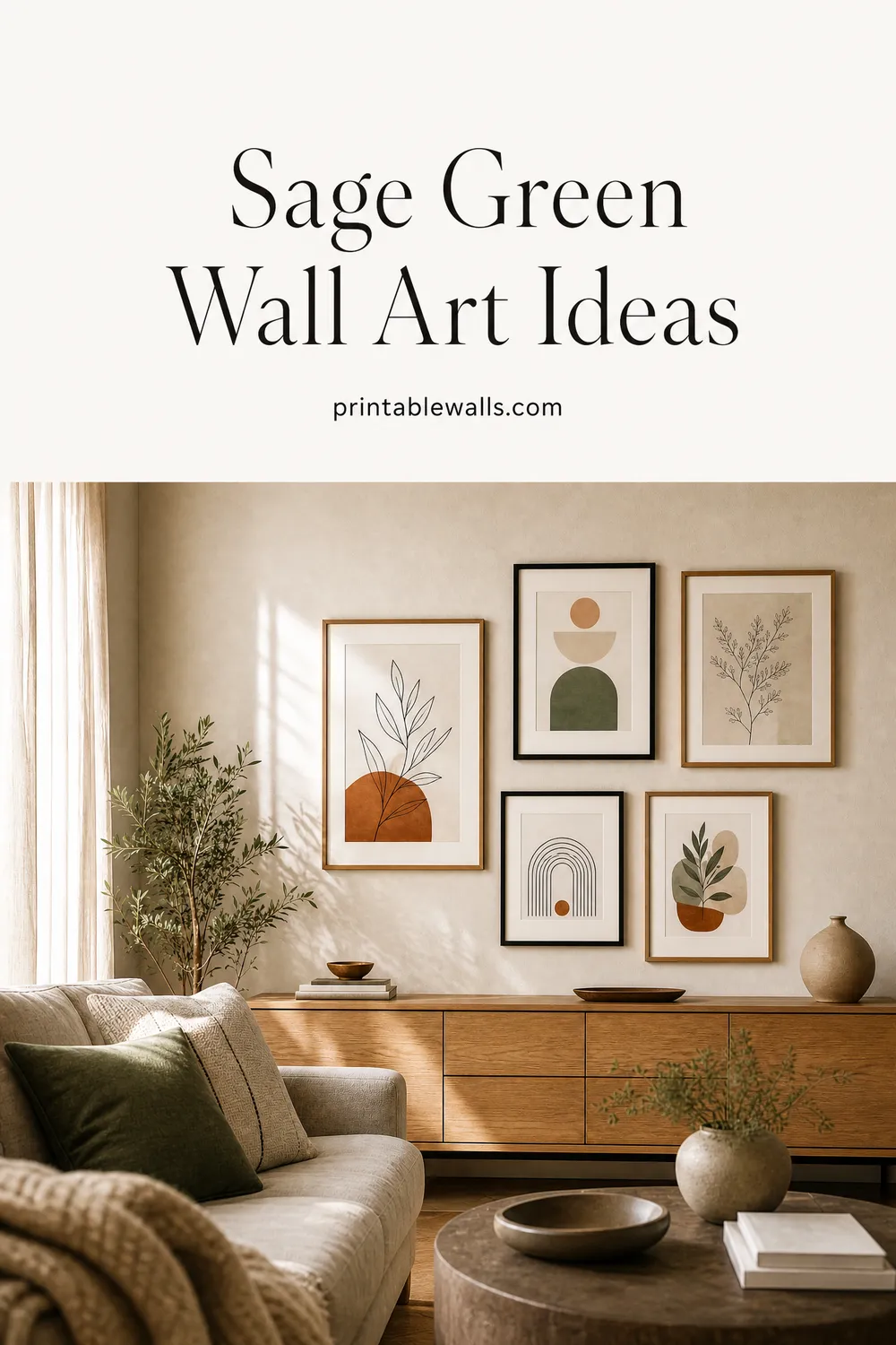 Preview image for the guide "18 Sage Green Wall Art Ideas, Room by Room" (AI-generated styled interior with title overlay)