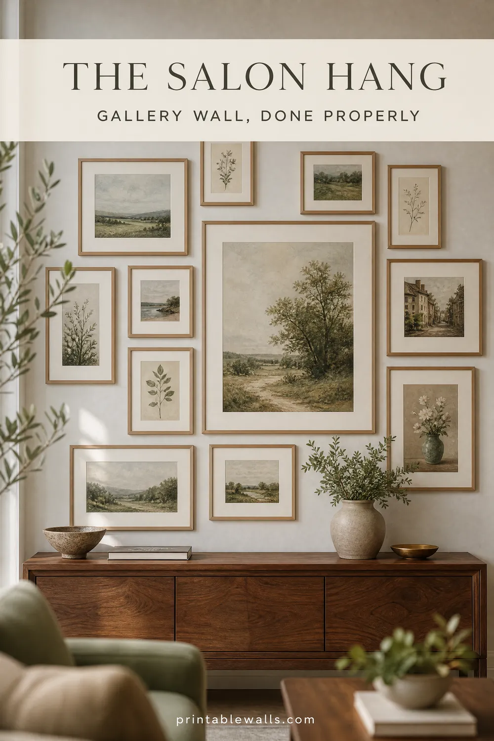 Framed preview of the guide "The Salon Hang: How to Build a Gallery Wall That Looks Collected, Not Bought" (AI-generated styled interior with title overlay)