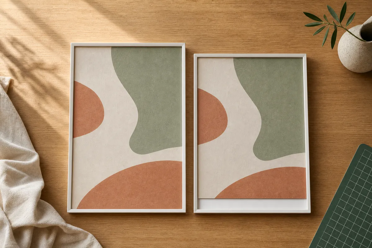 AI-generated interior vignette illustrating the guide "Printful Calls 21 × 30 cm 'A4'. True A4 Is 3 mm Shorter"