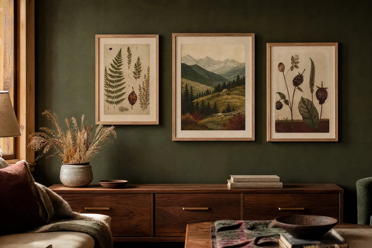 Three framed botanical and landscape prints in pale oak frames on a deep foliage-green wall above a low walnut credenza, with dried grasses in a ceramic vessel and warm morning light