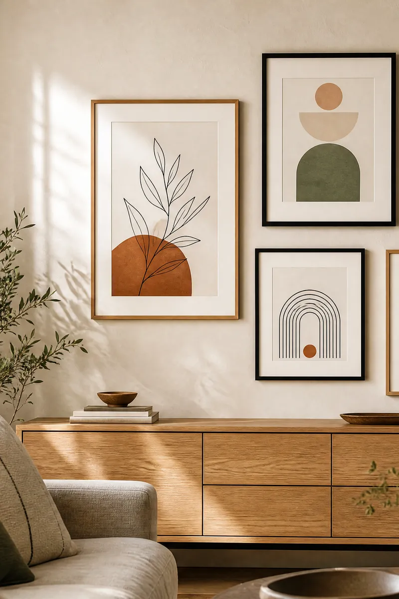 AI-generated interior vignette: a gallery wall of earth-tone botanical and abstract printable prints in oak and black frames above a light oak sideboard, warm natural light