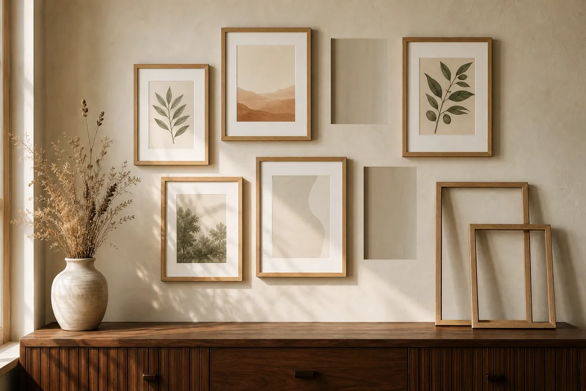 AI-generated interior vignette illustrating the guide "A New 50% US Tariff Names Both Art and Picture Frames. What to Check Before You Buy"